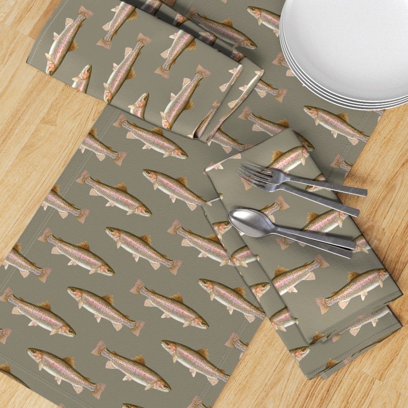 Fly Fishing Table Runner Rainbow Trout On Pewter Grey by weavingmajor Earth Tones Steelhead Cotton Sateen Table Runner by Spoonflower image 3