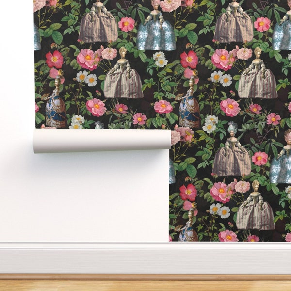 Rococo Commercial Grade Wallpaper - Marie Antoinette In Her Rose Garden  by utart - Vintage Style Wallpaper Double Roll by Spoonflower