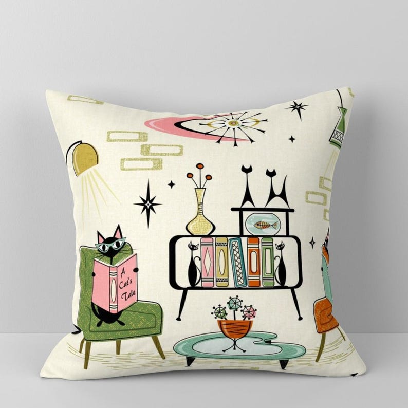 Mid Century Modern Retro Cats Throw Pillow