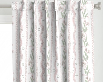 Floral Stripe Curtain Panel -  Cottagecore Botanical Grandmillennial Pink Green Custom Curtain Panel - Emma Stripe Pink by danika_herrick -