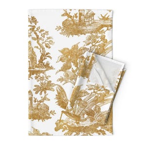 Toile Tea Towels (Set of 2) - Chinoiserie Toile by peacoquettedesigns - Chinoiserie Asian Gold White Linen Cotton Tea Towels by Spoonflower