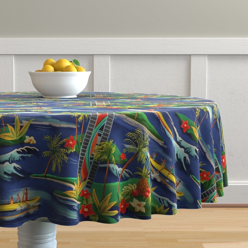 Island Round Tablecloth Hawaiian Vacation by vinpauld Surf Tropical Surfing Summer Cotton Sateen Circle Tablecloth by Spoonflower