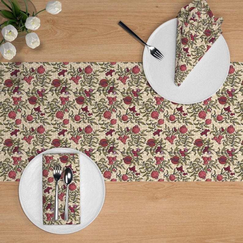 Rustic Pomegranate by maritcooper Floral Table Runner Fruit Repeat Pattern Renaissance Cotton Sateen Table Runner by Spoonflower