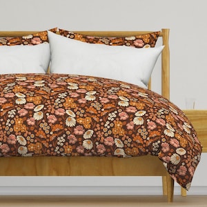 Brown Vintage Floral Bedding - Vintage Floral by kimsa - Retro Daisies 60s 70s  Cotton Sateen Duvet Cover OR Pillow Shams by Spoonflower