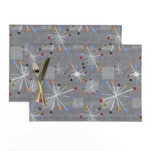 Mid Century Modern Placemats (Set of 2) - Mod Stars Clocks Gray by theodesign - Retro Inspired Atomic Era Cloth Placemats by Spoonflower