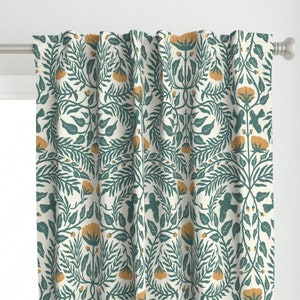 Green & Gold Curtain Panel - Birds In The Brush by sofigraceillustration - Damask William Morris Damask Custom Curtain Panel by Spoonflower