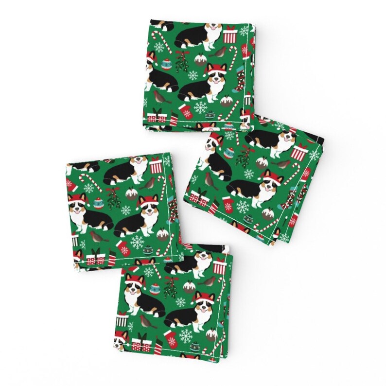 Holiday Cocktail Napkins - Corgi Christmas Candy Cane by petfriendly Set of 4 Gift For Dog Lover Corgi Cloth Napkins by Spoonflower