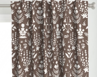 Brown Floral Curtain Panel - Neutral Farmhouse Silhouette Block Print Custom Curtain Panel - Mughal Field Silhouette by danika_herrick -