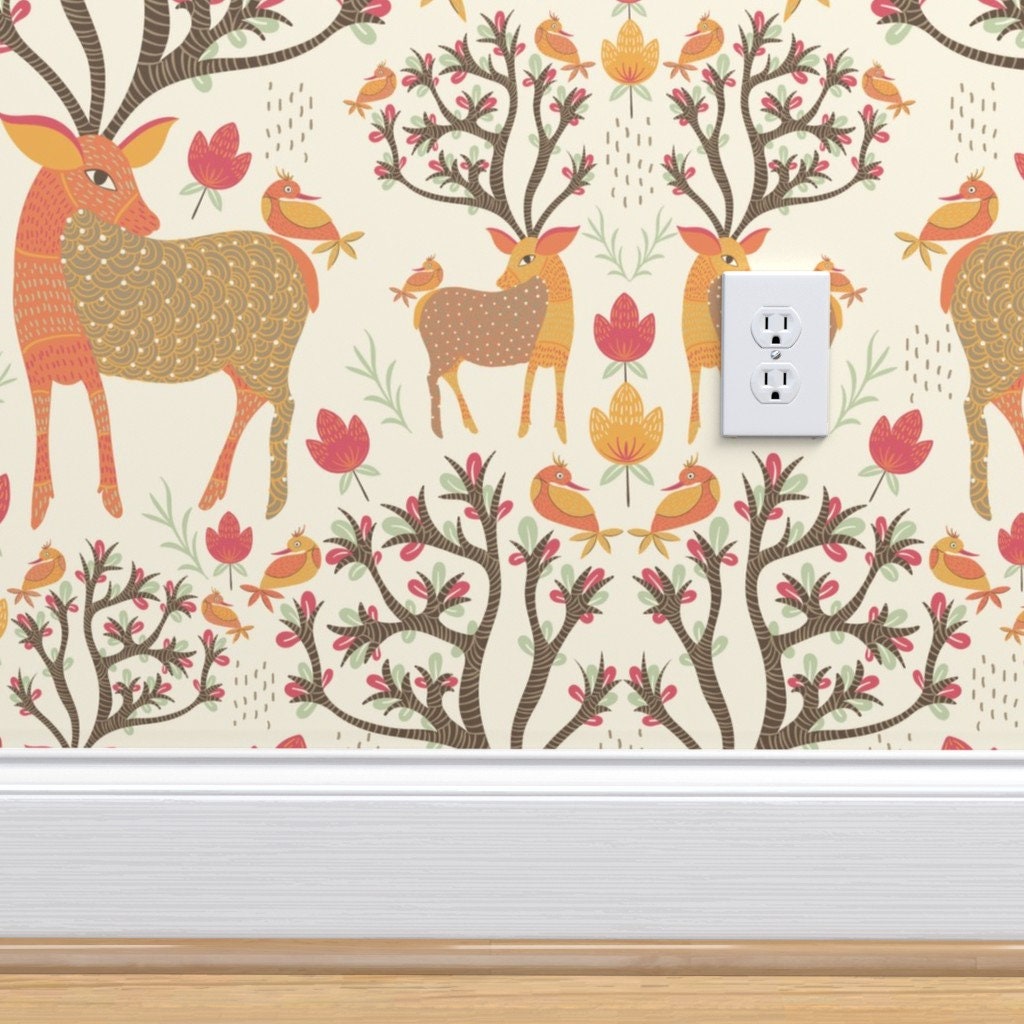 Deer Damask Wallpaper Tribal Art by Artypeaches Vintage Etsy