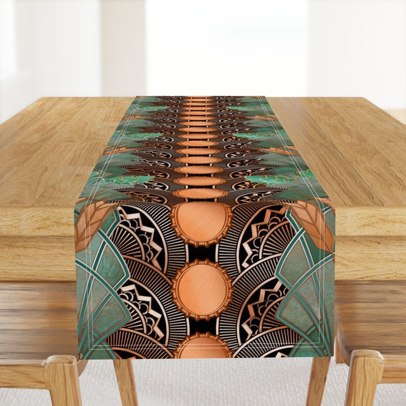 Art Deco Table Runner - Faux Copper Patina Bottlecaps Verdigris Cotton Sateen Table Runner - Deco Hops And Barley by ghouk image 1