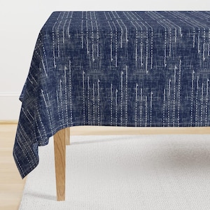 Indigo Lines Tablecloth - Shibori Stitches by twigged - Navy Shibori Elegant Minimal Weathered Look Cotton Sateen Tablecloth by Spoonflower