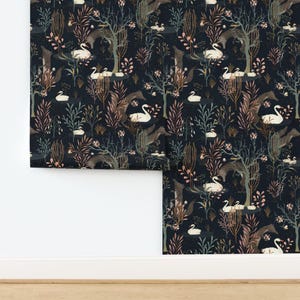 Dark Woodland Non-Pasted Wallpaper - The Black Forest by katherine_quinn - Moody Forest White Swan Wallpaper Double Roll by Spoonflower