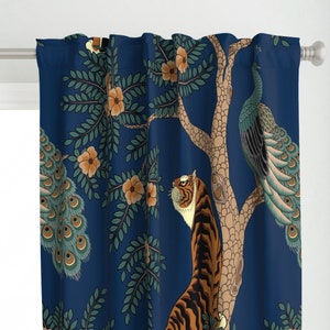 Maximalist Curtain Panel - Tiger And Peacock Blue by sveta_aho - Chinoiserie Extra Large Scale Jungle Custom Curtain Panel by Spoonflower