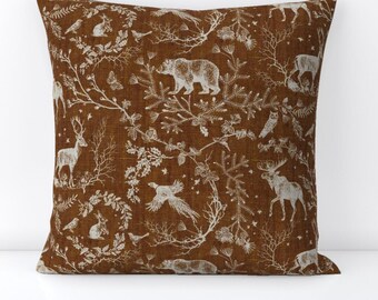 Forest Throw Pillow - Woodland  Animals Nature Bear Deer Moose Decorative Square Throw Pillow - Winter Woodland Toile by nouveau_bohemian