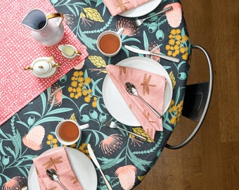 Protea Floral Cotton Dining Collection - Australia Dragonfly Pink Green Aussie Printed Tablecloth, Placemats, Napkins, and Table Runner