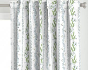 Regency Floral Curtain Panel - Folk Art Light Blue Leaves Flower Vine Custom Curtain Panel - Soft Blue And Greens by danika_herrick -