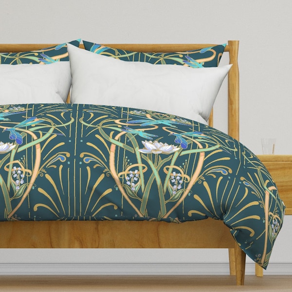 Teal Art Nouveau Bedding - Teal Dragonflies by southwind - Elegant Dragonflies Cotton Sateen Duvet Cover OR Pillow Shams by Spoonflower