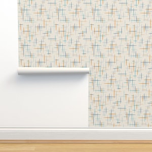 Mid Century Modern Tapete - Spatial Blau Aqua Orange von theodesign - Hashmarks Atomic Era Wallpaper Double Roll by Spoonflower