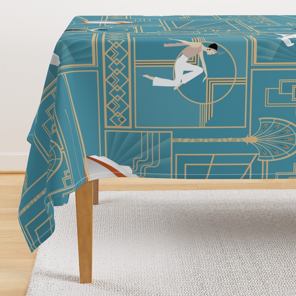 Art Deco Tablecloth Optimism by fairytalewhimsy Travel Blue Flapper Design Art Deco 1920 S Cotton Sateen Tablecloth by