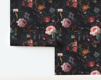 Moody Rose Non-Pasted Wallpaper Black Wildflowers Dark Floral - Dark Floral Rose  by creativsupply Wallpaper Double Roll by Spoonflower