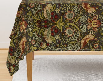 William Morris Tablecloth - Strawberry Thief  by peacoquettedesigns - Damask Classic Floral Bird Cotton Sateen Tablecloth by Spoonflower