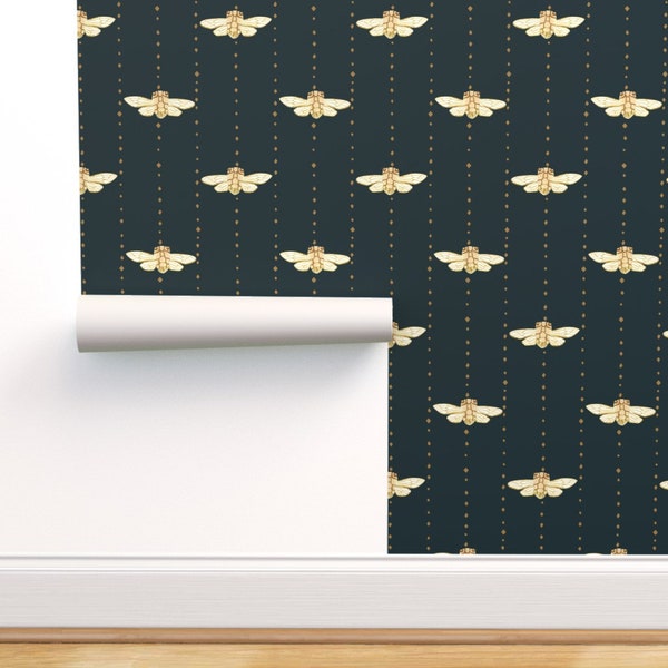 Golden Beetles Commercial Grade Wallpaper - Night Cicadas by ceciliamok - Insects Entomology Cicadas Wallpaper Double Roll by Spoonflower