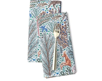 Woodland Dinner Napkins Set of 2 - Nature Wildlife Animal Forest Tree Blue Cloth Napkins - Forest Animals On Creme White by rebecca_reck_art