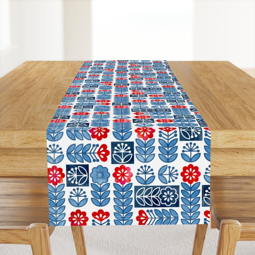 Swedish Folk Art Table Runner - Red and Blue Scandinavian Folk Mod ...