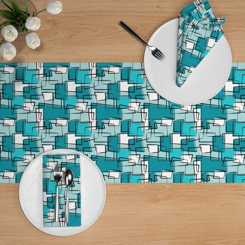 aquaturquoise Mobox Repeat Water Cool Aqua Mod Cotton Sateen Table Runner by Spoonflower Turquoise Table Runner by tonyanewton