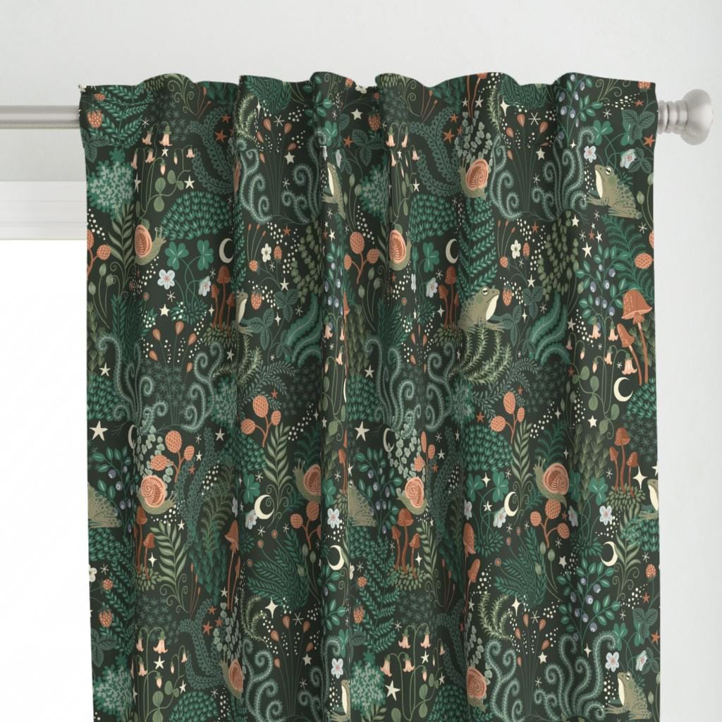 Fairy Tale Forest Curtain Panel - Moonlit Mosses by rebelform - Frog Snail Green Fern Magic Scandinavian Custom Curtain Panel by Spoonflower