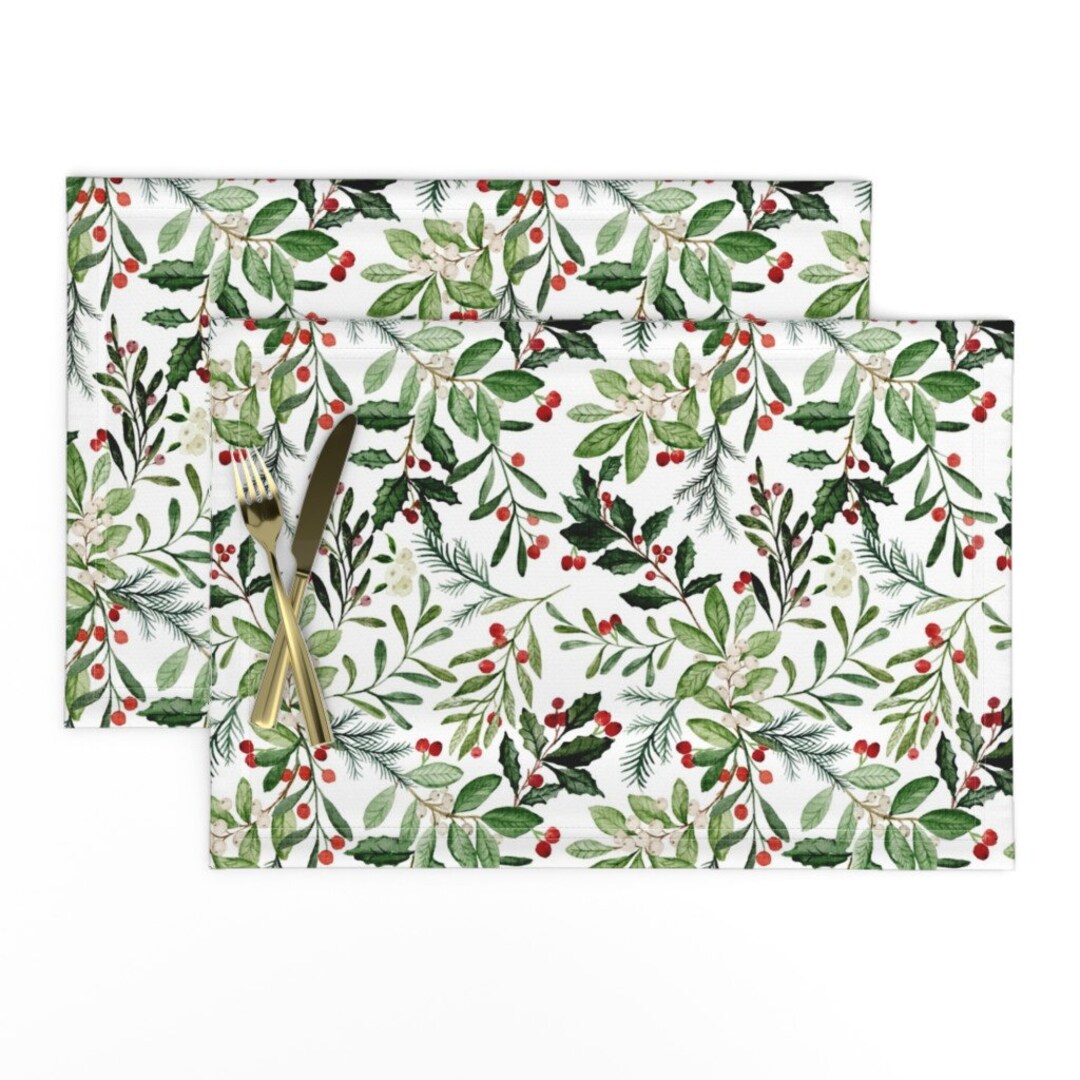 Green Placemats set of 2 Mistletoe and Holly by Hipkiddesigns Floral