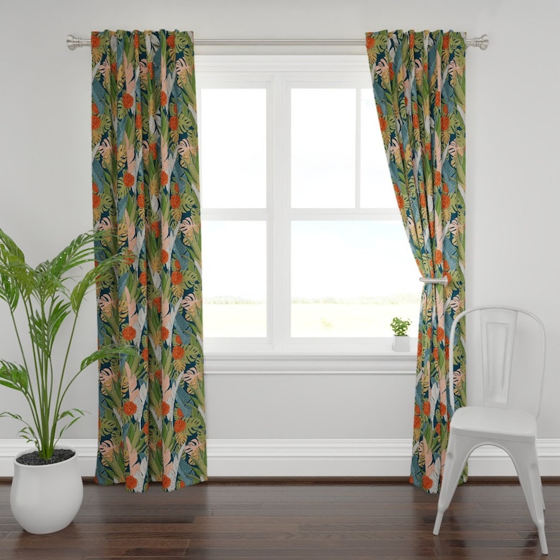 Nature Decor Best Selling Curtain Boho Chic Decor Tropical Window Curtains Blue Fabric Curtain Jungle Art Melon Drapes Fruit Pattern