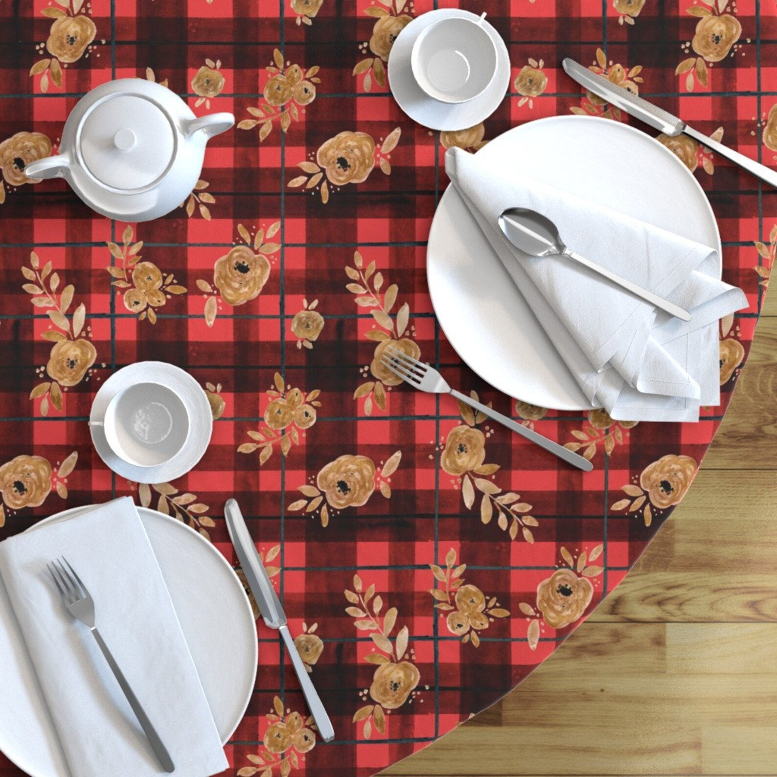 Red Plaid Round Tablecloth Gold Rose Holiday Tartan by Etsy