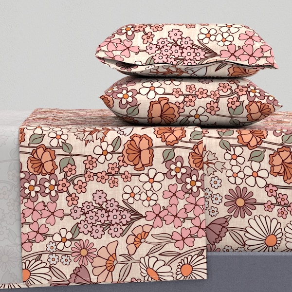 Retro Sheets - Boho Floral by kimsa - Boho Floral Wildflowers Daisies Bohemian Soft Colors Cotton Sateen Sheet Set Bedding by Spoonflower