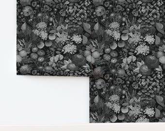 Dark Botanical Non-Pasted Wallpaper Gothic Flowers Black And Gray Garden - Haunted Garden  by irishvikingdesigns Wallpaper by Spoonflower