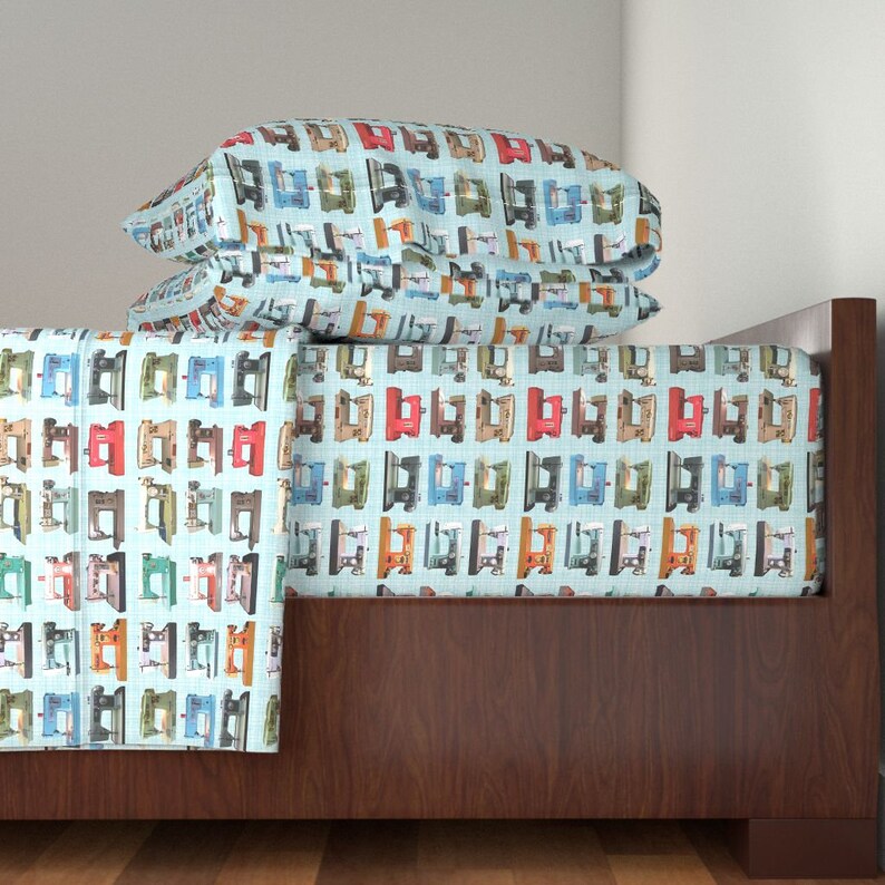 Sewing Machines by Vintage Machines Sheets Retro Sewing Cotton Sateen Sheet Set Bedding by Spoonflower