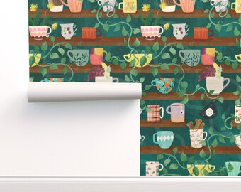 Kaffeetassen-Tapete in kommerzieller Qualität – Tassen und Tassen von michele_norris – Teacups Coffeehouse Cafe Wallpaper Double Roll von Spoonflower