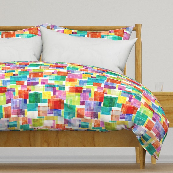 Rainbow Geometric Bedding - Abstract Rainbow Blocks by adenaj - Color Block Trend  Cotton Sateen Duvet Cover OR Pillow Shams by Spoonflower
