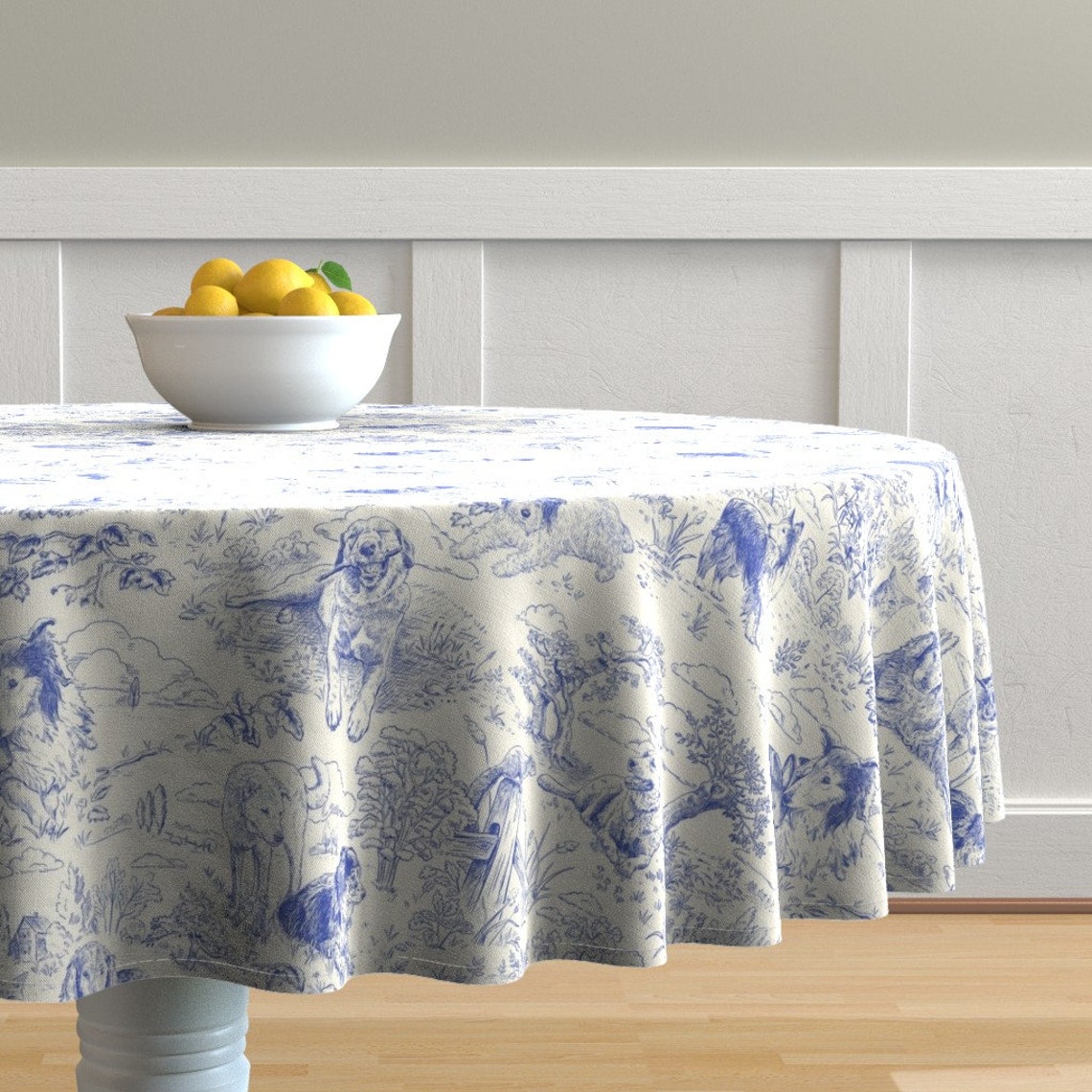 Blue Toile Round Tablecloth Country Dogs Toile by vinpauld Etsy