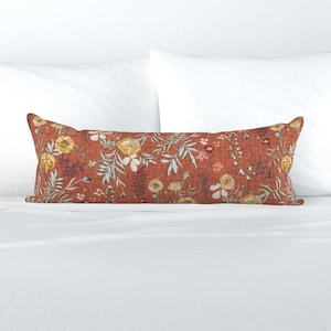 Terra Cotta Floral XL Lumbar Pillow - Marigold Love Rust  by nouveau_bohemian - Boho Extra Large Rectangle Lumbar Pillow by Spoonflower