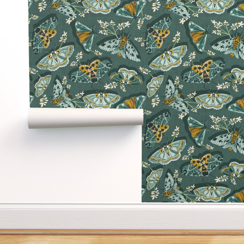 Teal Moths Wallpaper Gathering Moths by Heatherdutton Gold | Etsy