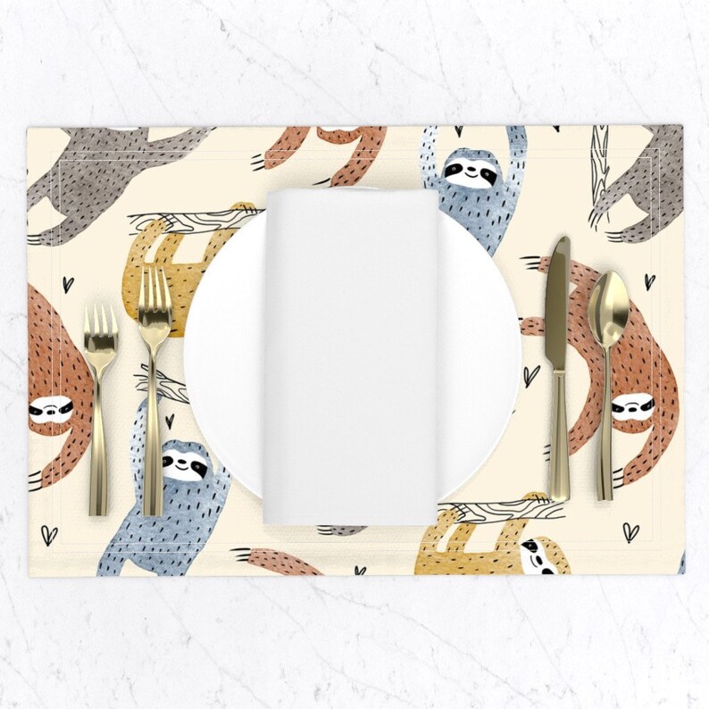 Watercolor Sloths Placemats Set of 2 Sloths With Love by daria_nokso Safari Animals Gender Neutral Love Cloth Placemats by Spoonflower image 2