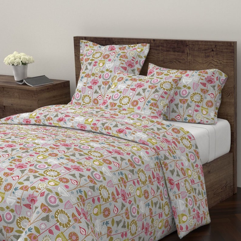 Mid Century Mod Pillow Sham Fanciful Fifties Flowers by ottomanbrim 1950s Floral Cotton Sateen Pillow Sham Bedding by Spoonflower