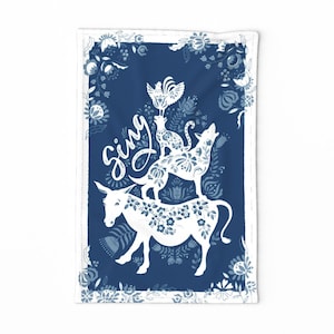 Folk Art Tea Towel - Musicians Of Bremen by taranealart - German Fairy Tale Brothers Grimm Dog Linen Cotton Canvas Tea Towel by Spoonflower