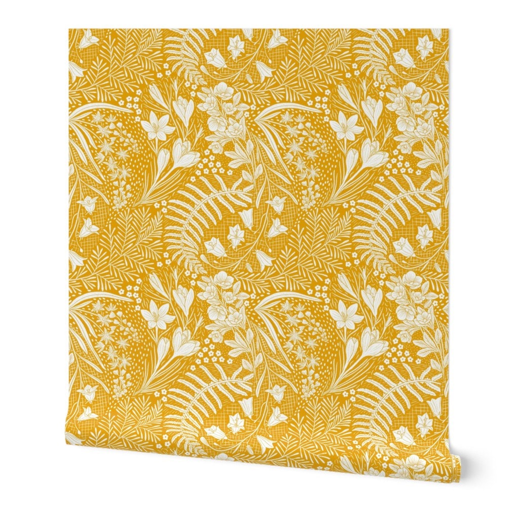 Mustard Floral Wallpaper Forest Flowers by Denesannadesign - Etsy