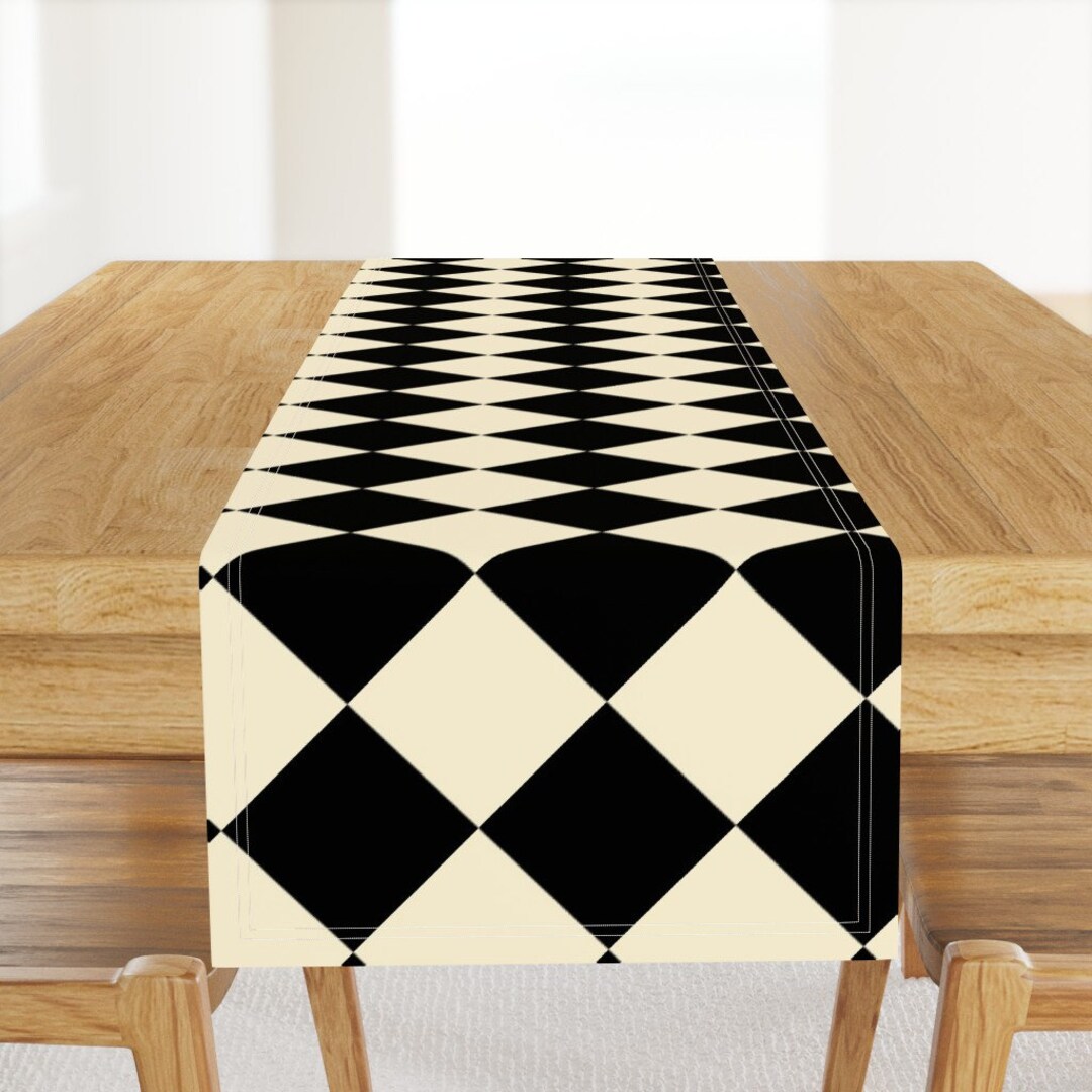 Harlequin Table Runner Wonderland Chessboard Check by Peacoquettedesigns Checkered Cream Cotton