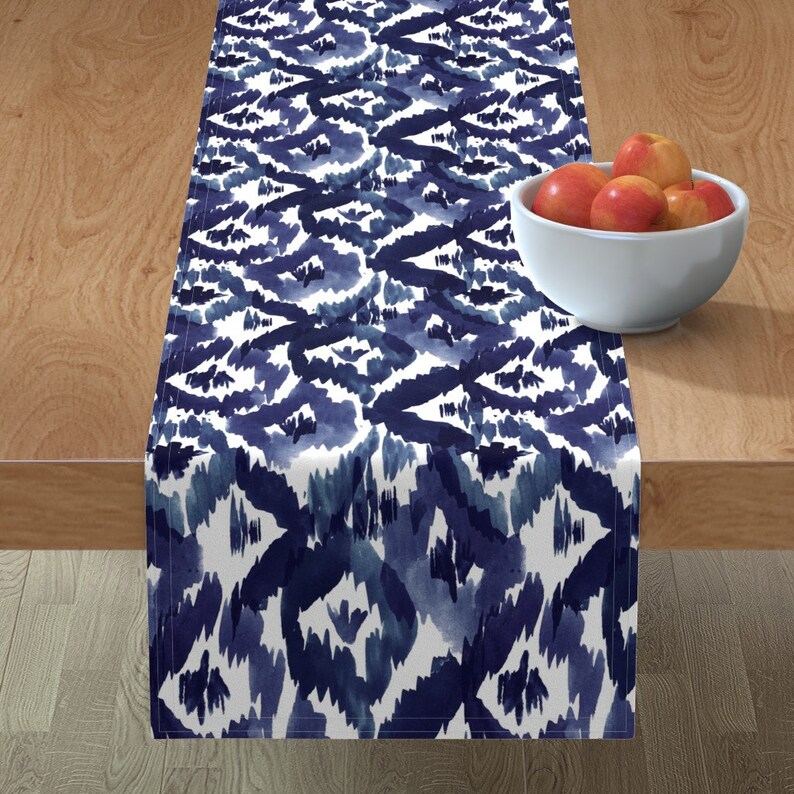 Watercolor Table Runner Ikat Diamonds Indigo Blue by Etsy