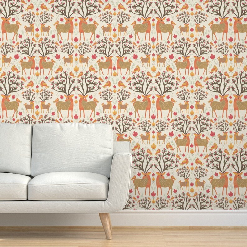 Deer Damask Wallpaper Tribal Art by Artypeaches Vintage Etsy