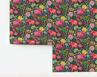 Psychedelic Elephant Non-Pasted Wallpaper Bright Jungle Colorful Rainforest - Jungle Elephants by miraparadies Wallpaper by Spoonflower