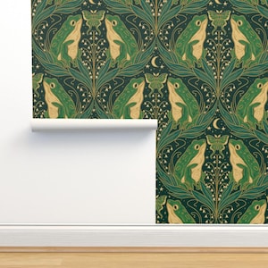 Art Nouveau Garden Non-Pasted Wallpaper - Nouveau Frogs Large by jillian_nichole_illustration - Green Wallpaper Double Roll by Spoonflower